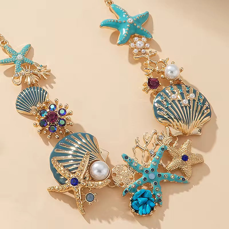 Ocean Bloom – Statement Sea Life Necklace with Enamel & Pearls