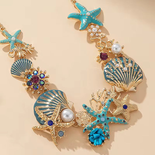 Ocean Bloom – Statement Sea Life Necklace with Enamel & Pearls