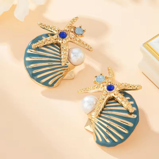 Oceanic Dream Studs – Starfish & Shell Gold Earrings