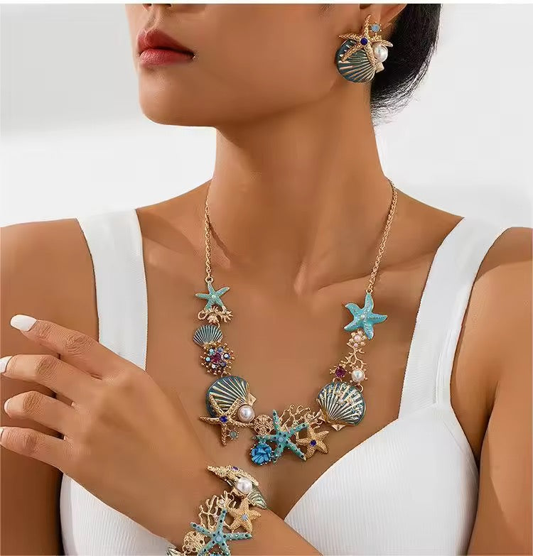 Ocean Bloom – Statement Sea Life Necklace with Enamel & Pearls