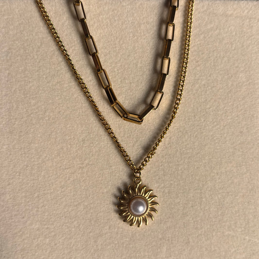 Sunburst Pearl Layered Necklace – Gold Duo Chain with Solar Pendant