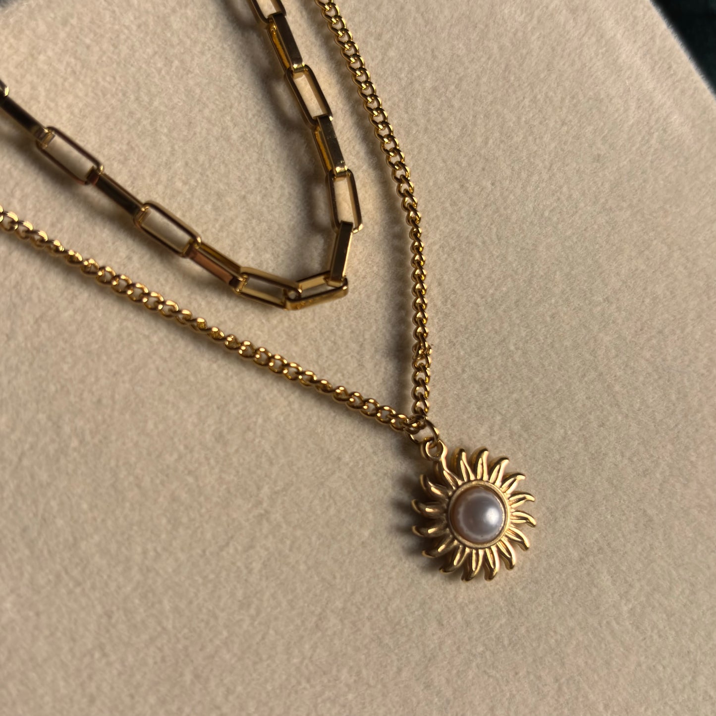 Sunburst Pearl Layered Necklace – Gold Duo Chain with Solar Pendant