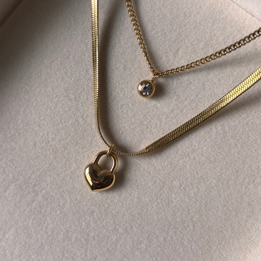 Heartlock Layered Necklace – Gold-Plated Duo Chain with Crystal Accent
