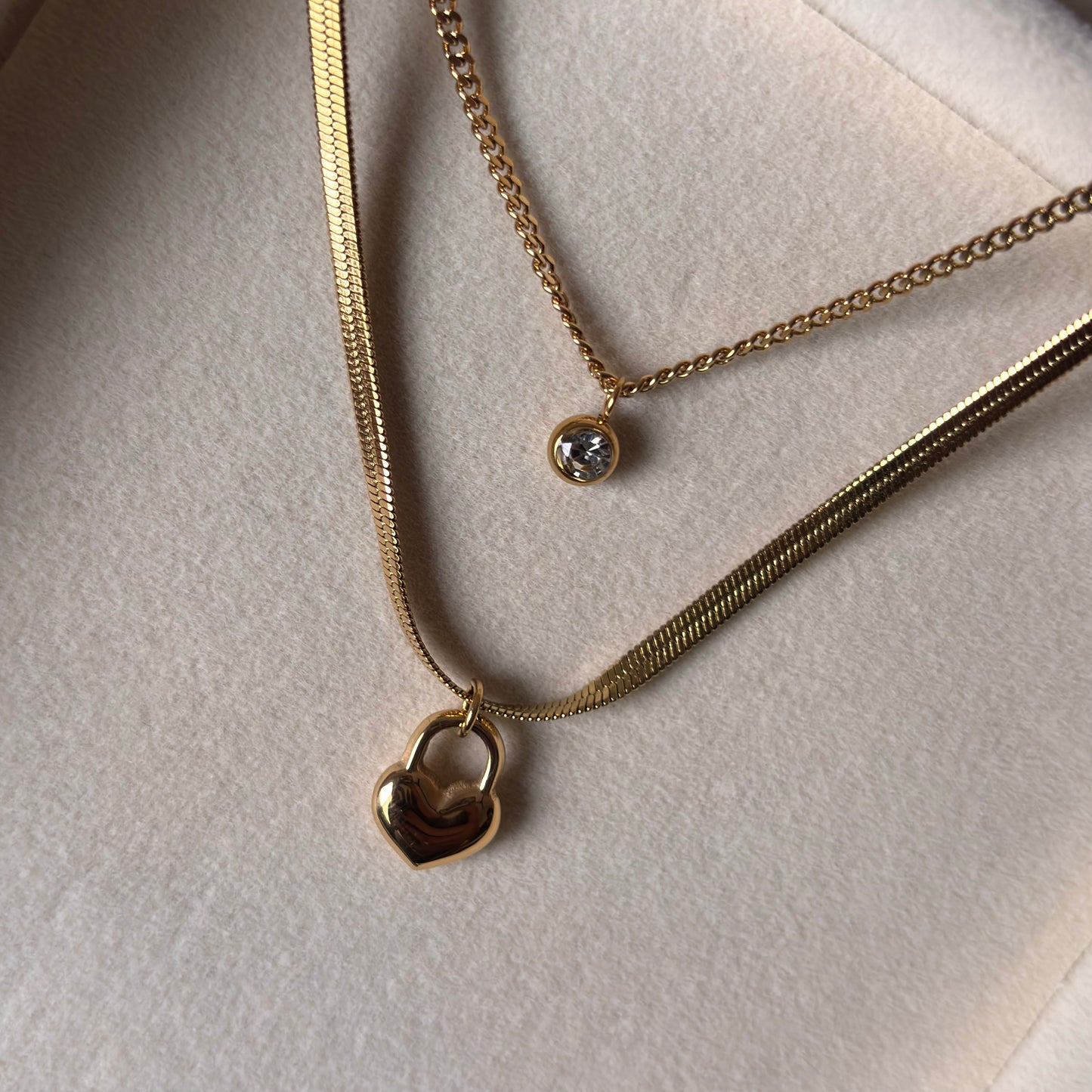 Heartlock Layered Necklace – Gold-Plated Duo Chain with Crystal Accent