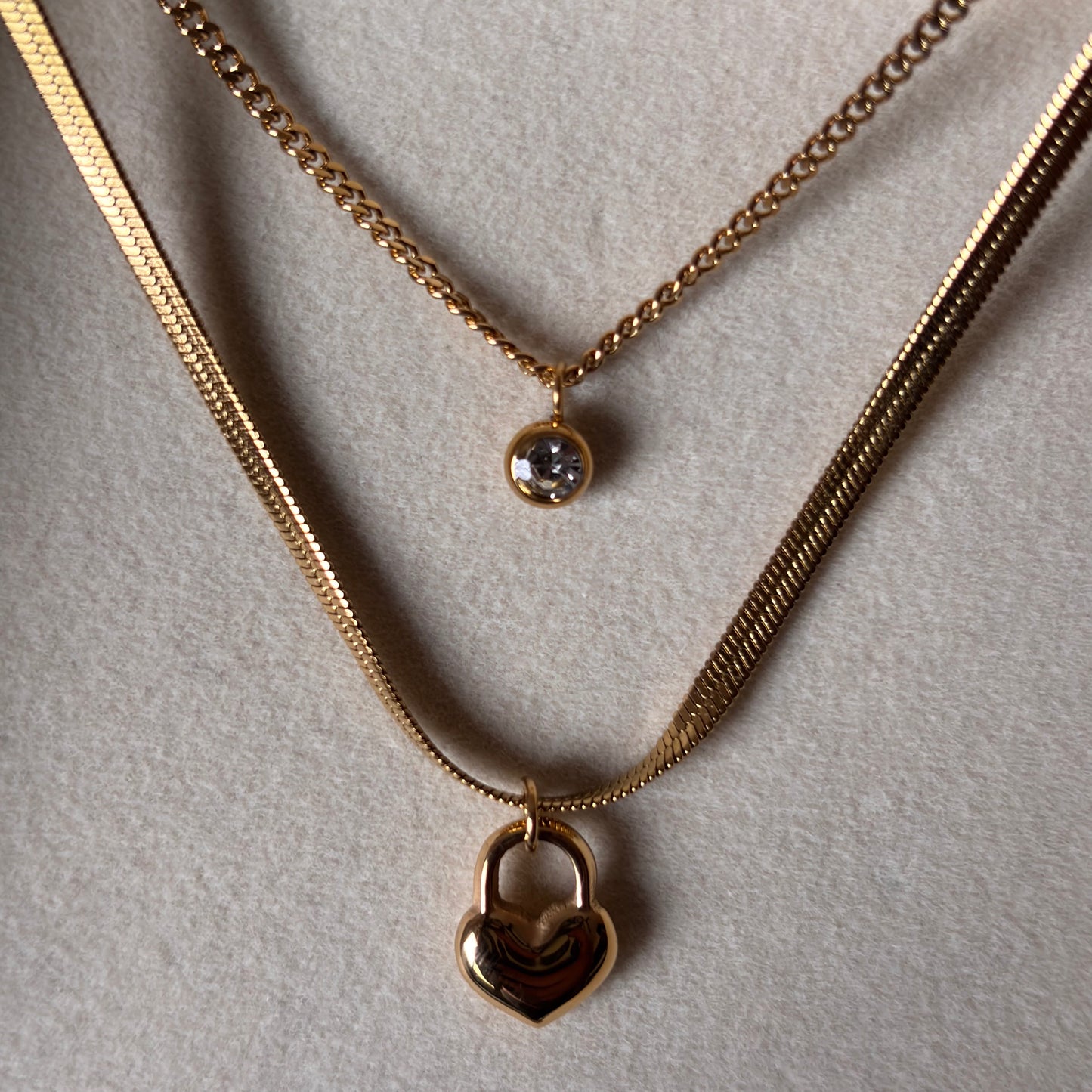 Heartlock Layered Necklace – Gold-Plated Duo Chain with Crystal Accent