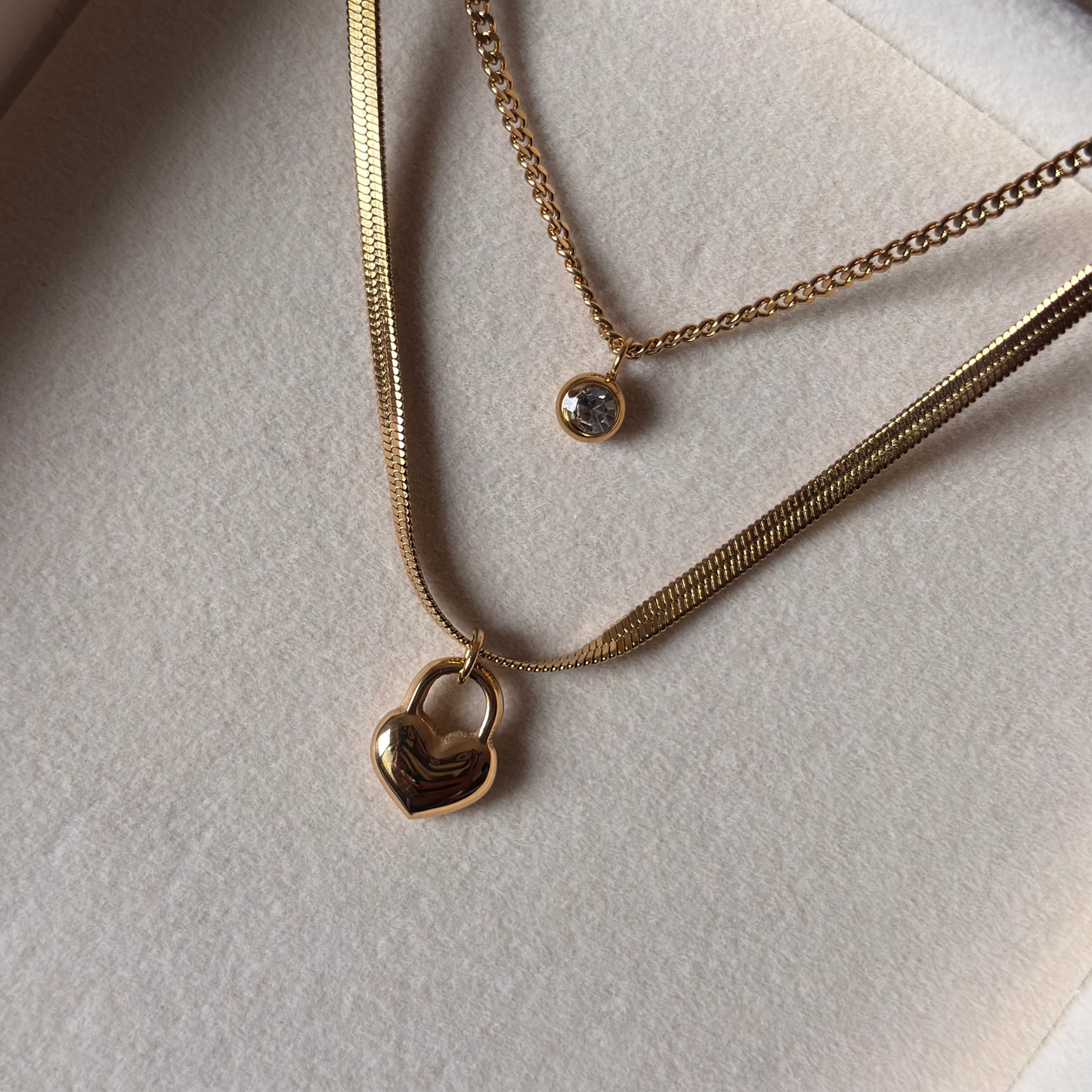 Heartlock Layered Necklace – Gold-Plated Duo Chain with Crystal Accent