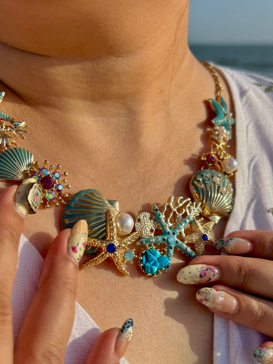 Ocean Bloom – Statement Sea Life Necklace with Enamel & Pearls