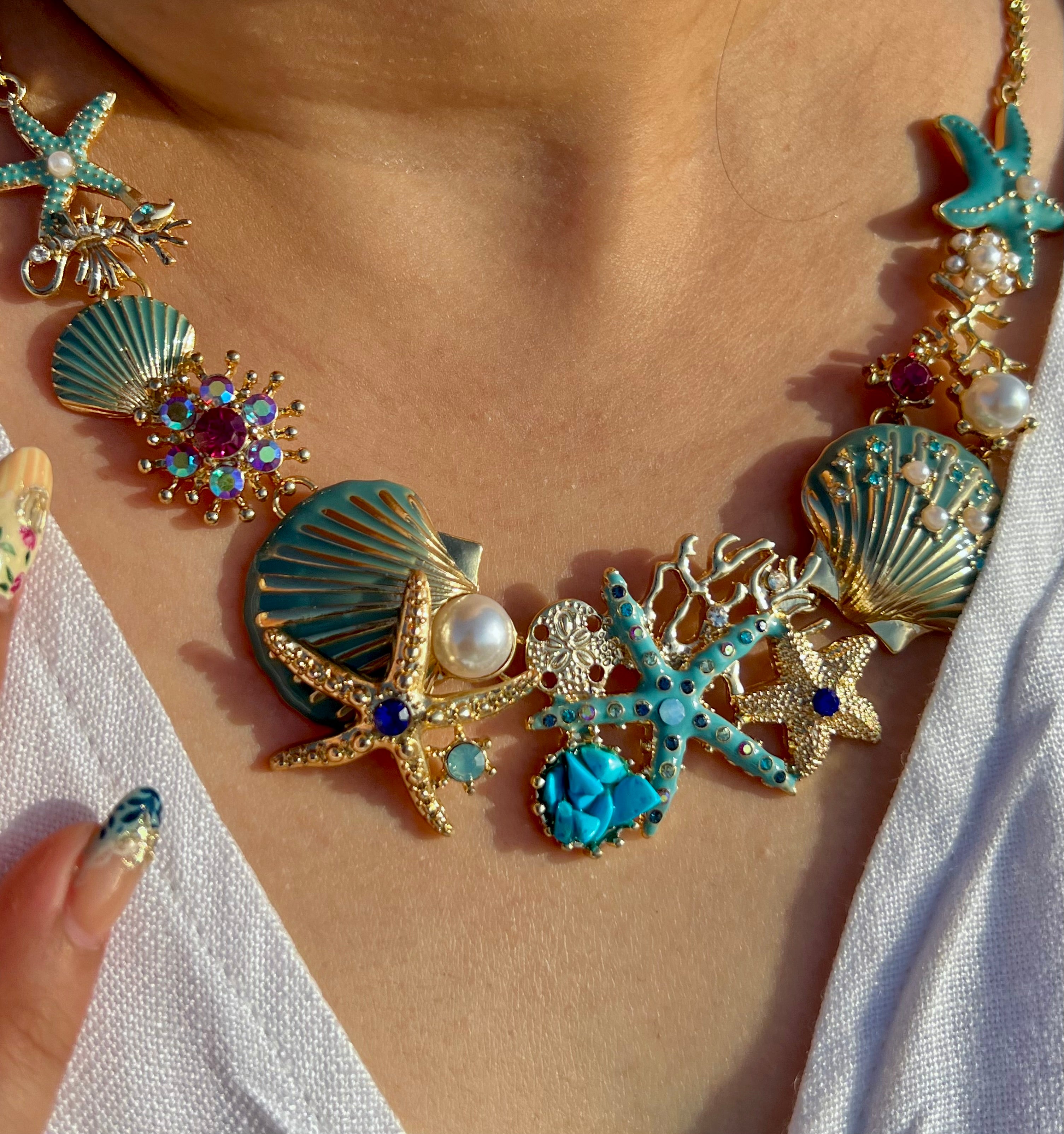 Ocean Bloom – Statement Sea Life Necklace with Enamel & Pearls